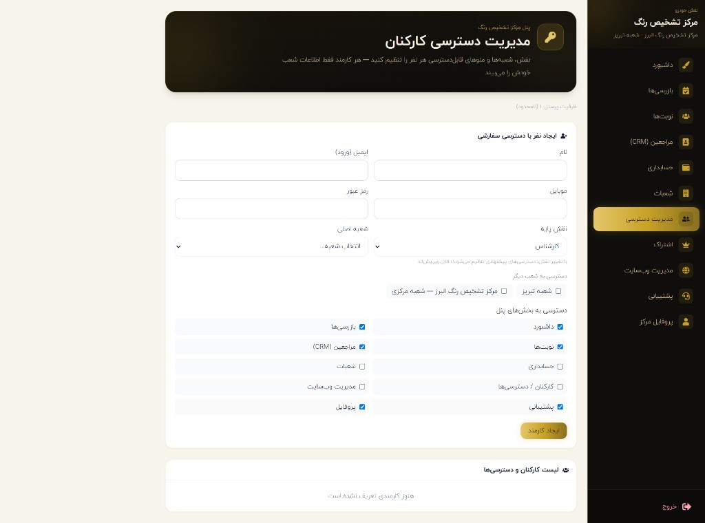 مدیریت دسترسی کارکنان پنل مرکز — نسخه وب